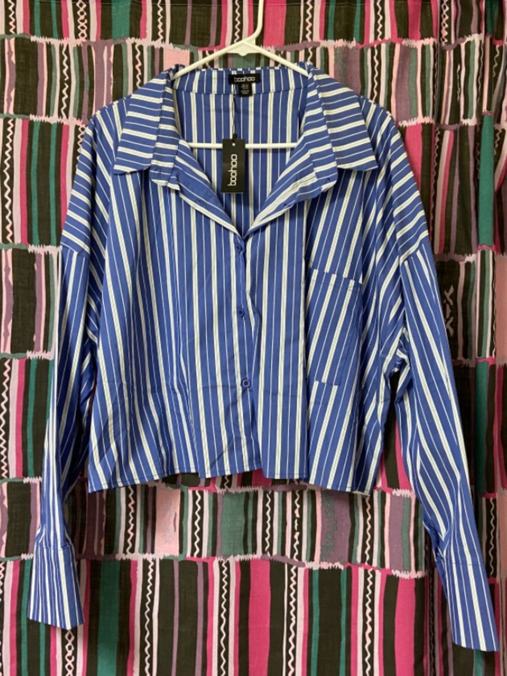 Boohoo Blue & White Striped Cropped Button-Down Shirt